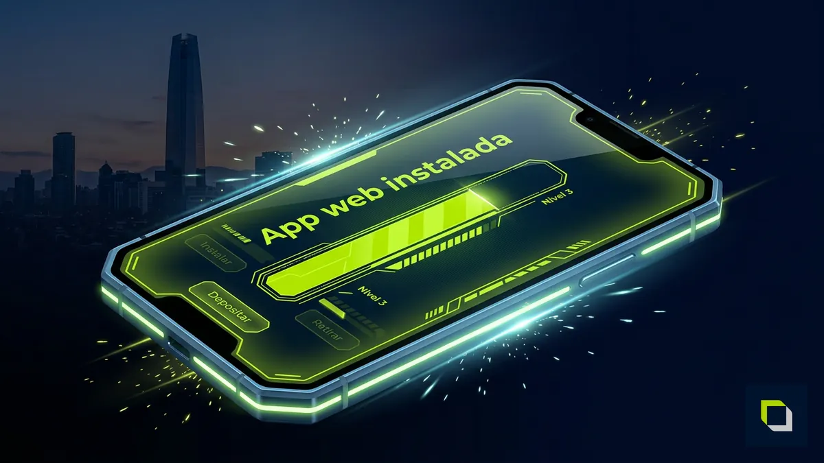 Mockup de instalacion de la app web del casino online en Chile con interfaz en espanol y skyline de Santiago