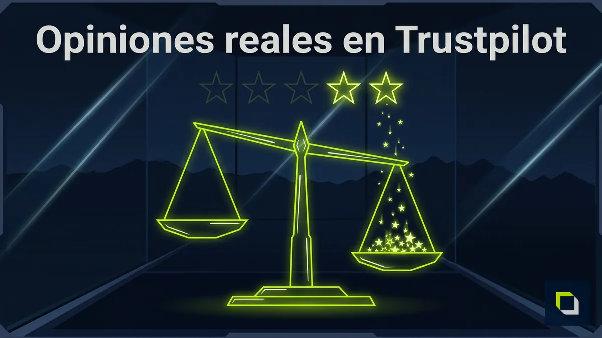 Balanza de luz neón con estrellas de calificación representando las opiniones reales de Epicbet en Trustpilot